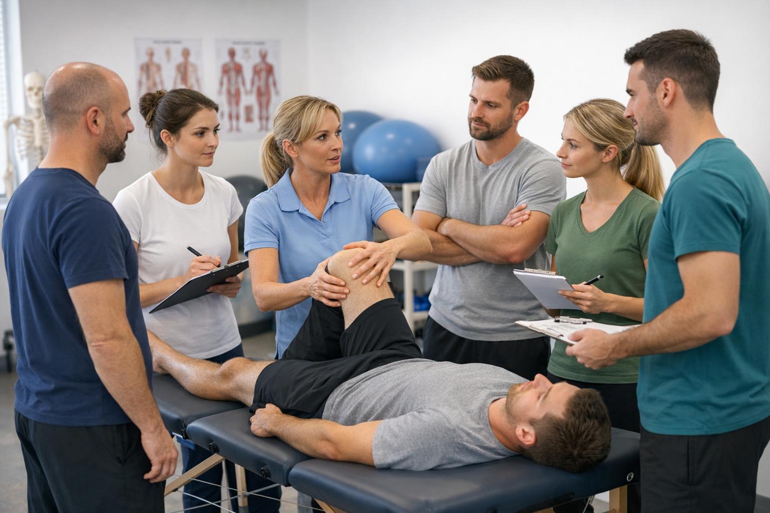 grupa fizjoterapeutów na kursie praktycznym omawiająca przypadek pacjenta