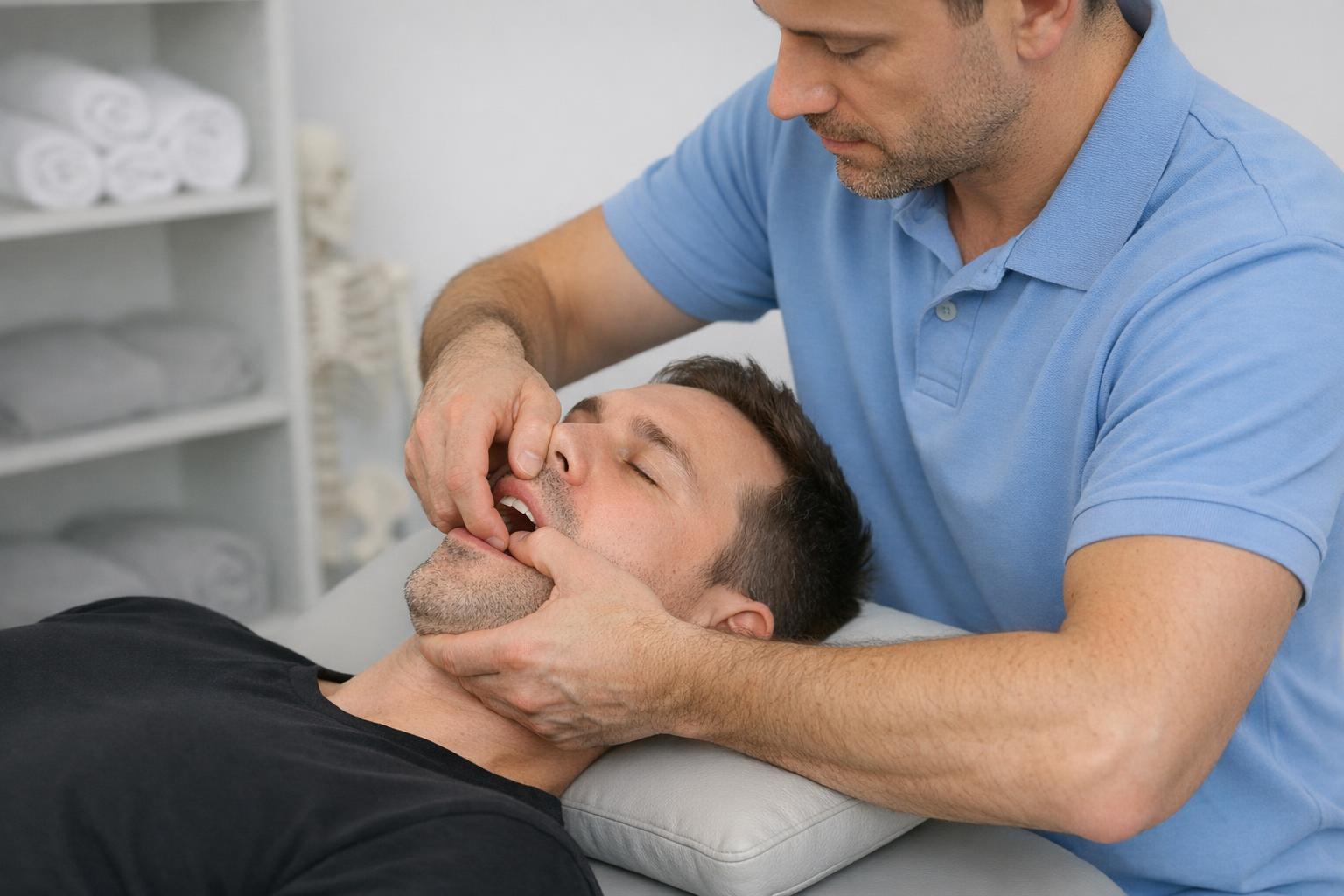 zdjęcie: terapeuta wykonuje mobilizację stawu skroniowo-żuchwowego u pacjenta