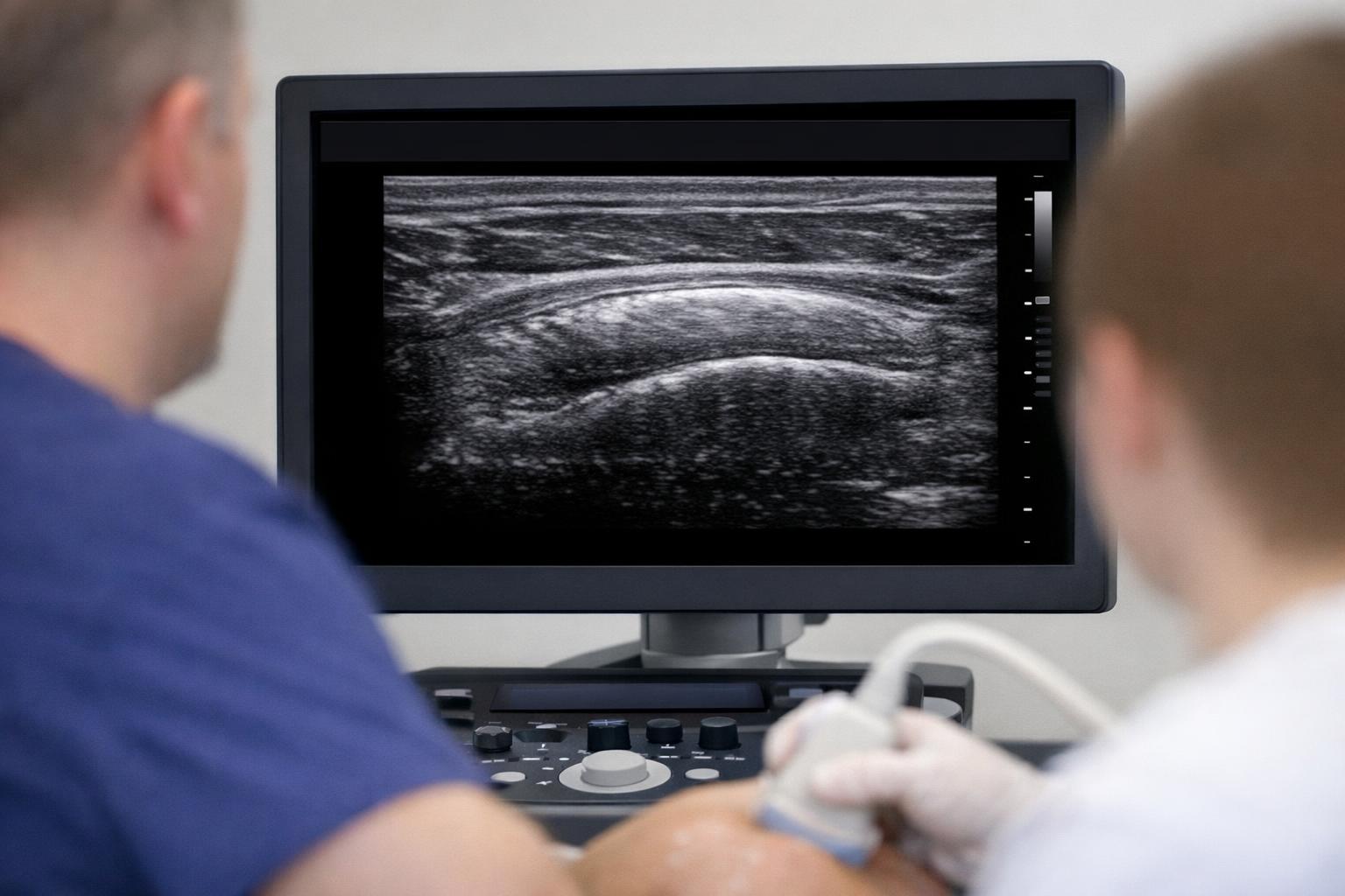 Widok obrazu ultrasonograficznego ścięgna na monitorze podczas szkolenia