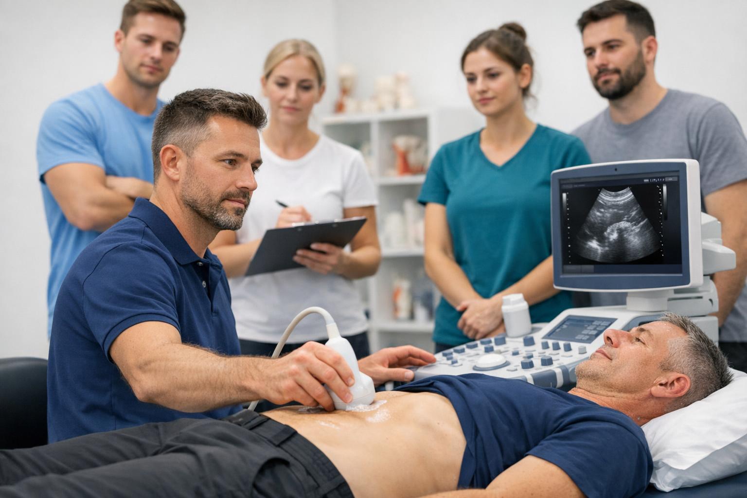 Fizjoterapeuta wykonujący badanie USG pacjenta podczas szkolenia
